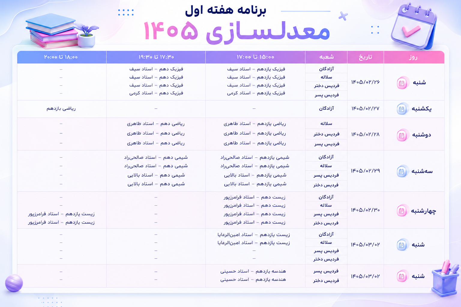 برنامه هفتگی کلاس&zwnj;های معدل سازی